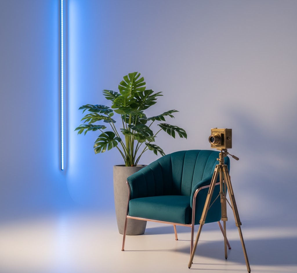 Elegant photo zone with velvet furniture